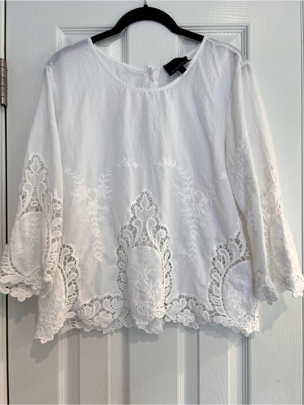 Cynthia Rowley Cotton White Lacework Embroidered Cottagecore Blouse Top L